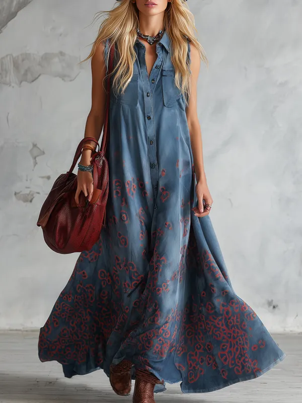 Vintage Western Style Loose Blue Faux Suede Printed Sleeveless Maxi Dress sold by Oyrosy