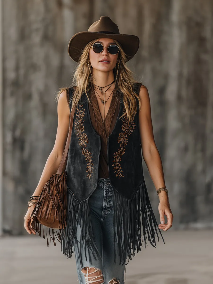 Retro Western-style Embroidered Fringed Black Faux Suede Vest sold by Oyrosy product image thumbnail 2