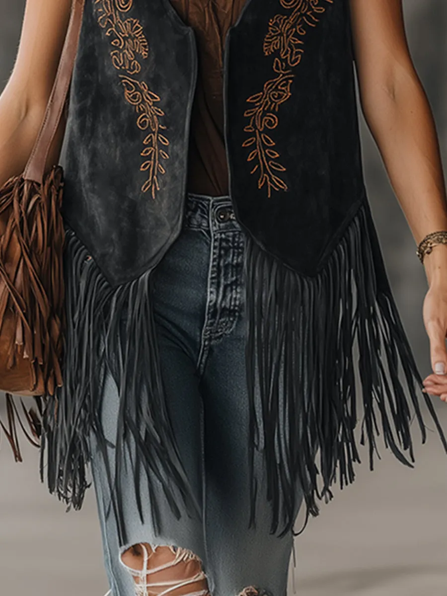 Retro Western-style Embroidered Fringed Black Faux Suede Vest sold by Oyrosy product image thumbnail 4