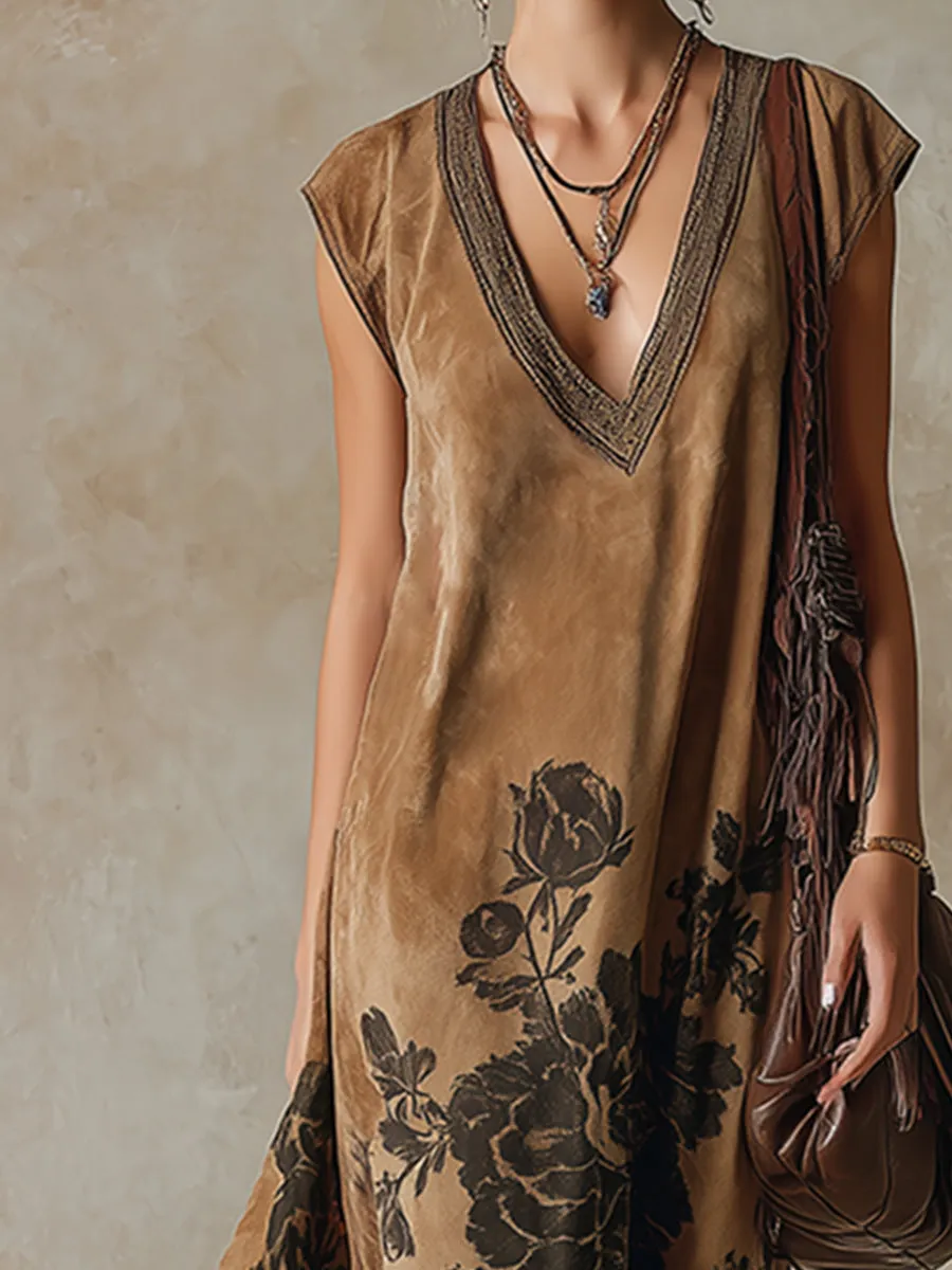 Retro-style Printed Khaki Faux Suede Fringes Sleeveless Maxi Dress sold by Oyrosy product image thumbnail 3