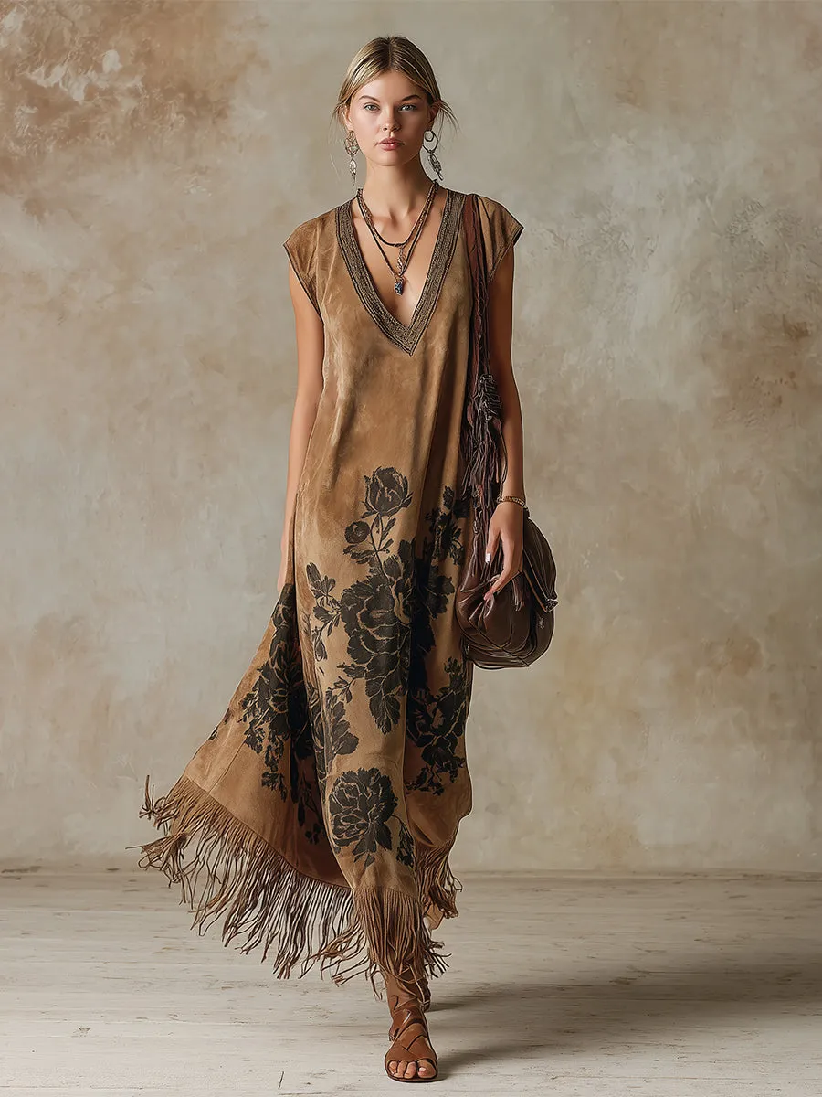 Retro-style Printed Khaki Faux Suede Fringes Sleeveless Maxi Dress sold by Oyrosy product image thumbnail 2