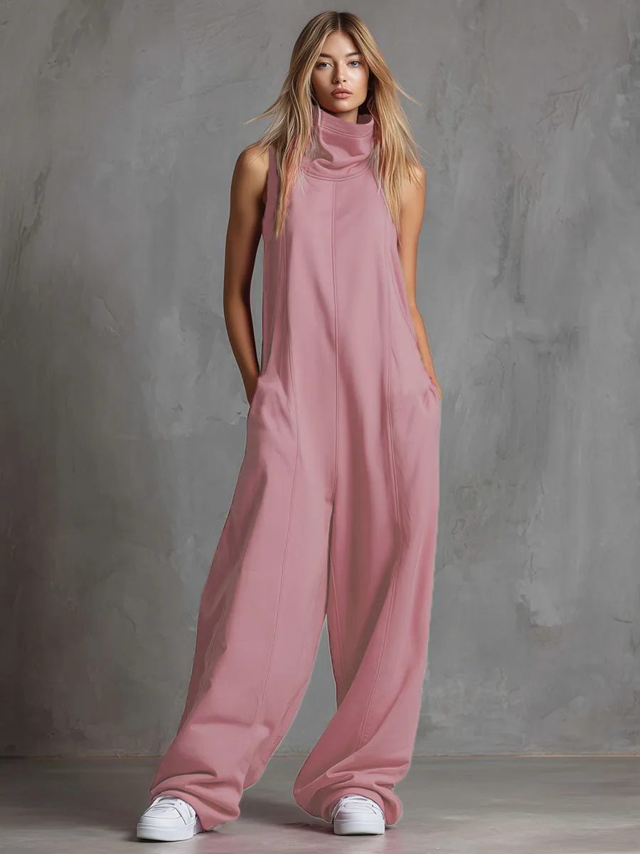 Pink High-neck Sleeveless Double-pocket Sporty Jumpsuit sold by Oyrosy product image thumbnail 4