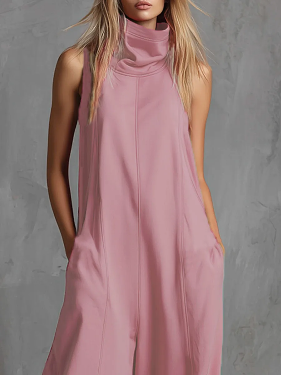 Pink High-neck Sleeveless Double-pocket Sporty Jumpsuit sold by Oyrosy product image thumbnail 2