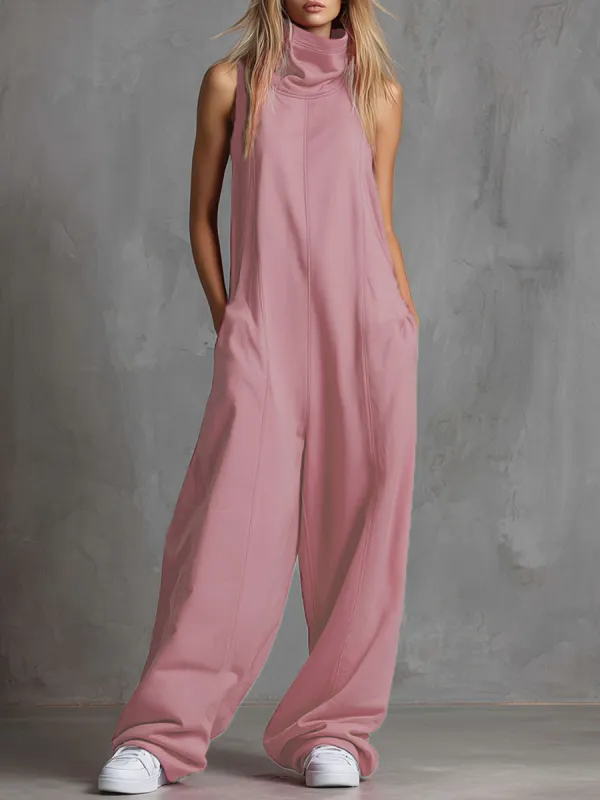 Pink High-neck Sleeveless Double-pocket Sporty Jumpsuit sold by Oyrosy