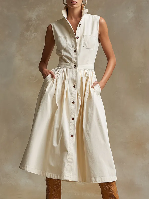 Retro Casual Off-white Stand-collar Sleeveless Denim Midi Dress sold by Oyrosy