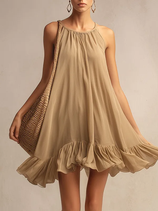 Casual Vacation Style Light Brown Round Neck Chiffon Mini Dress made by Oyrosy