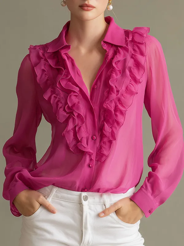 Fashionable Retro Pink Ruffled Chiffon Shirt made by Oyrosy