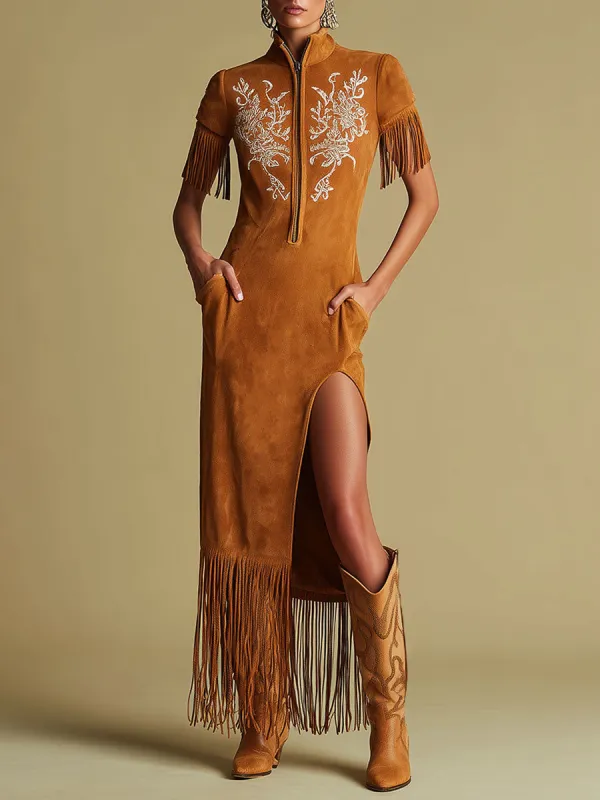 Western Retro Embroidered Brown Fringe Maxi Dress sold by Oyrosy