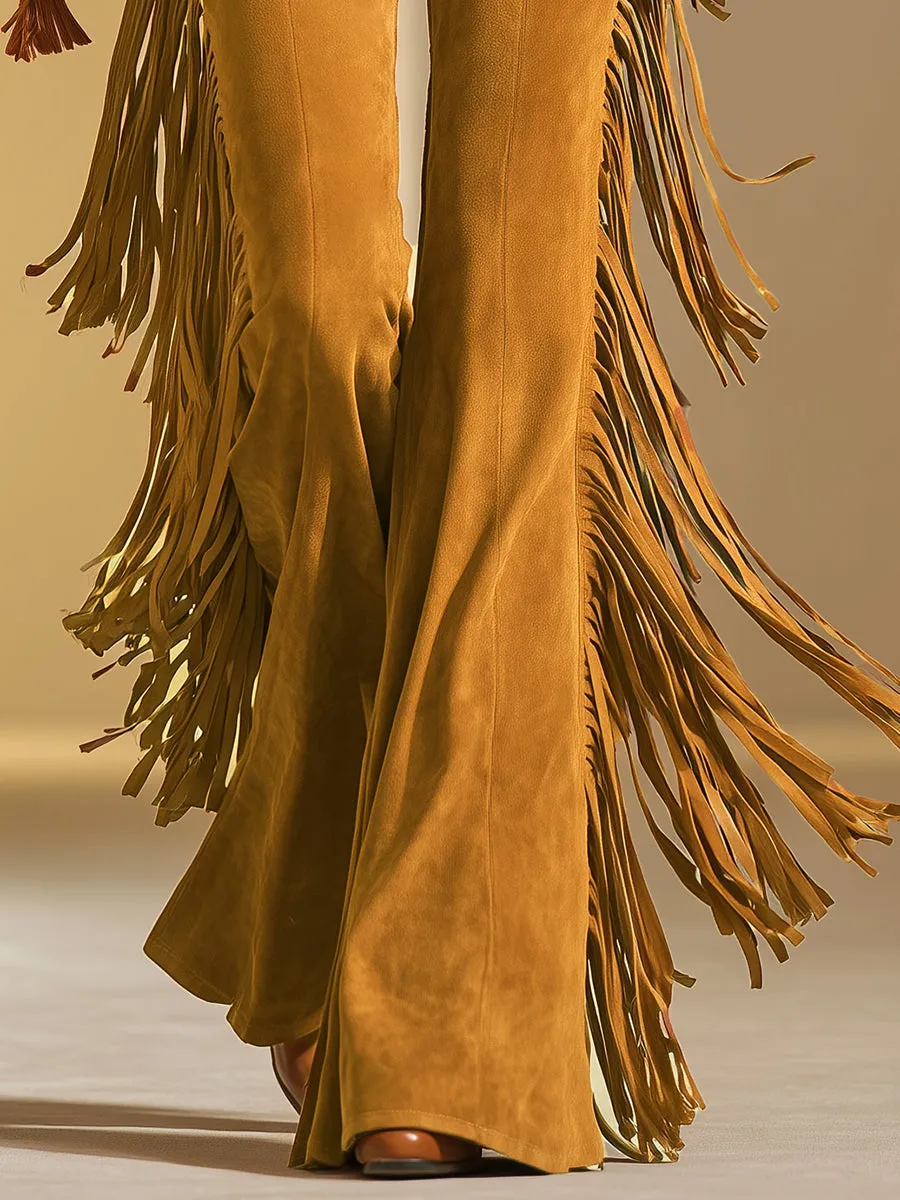 Retro-style Fringed Faux Suede Flared Pants sold by Oyrosy product image thumbnail 4