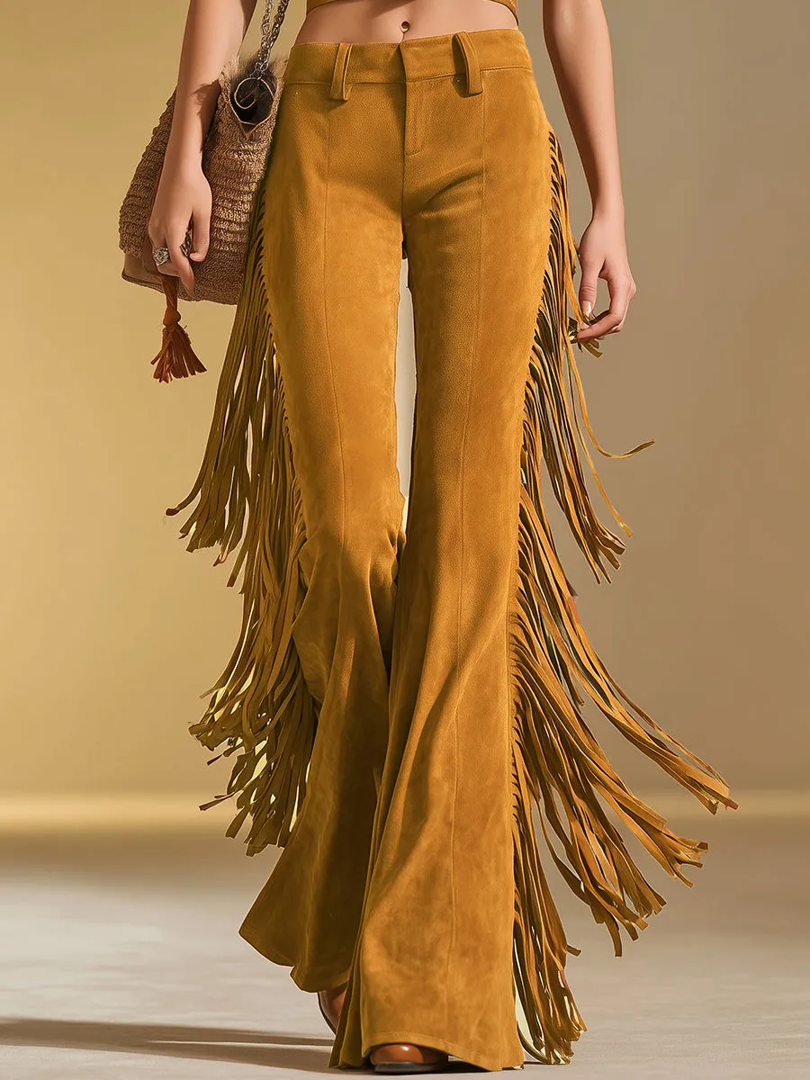 Retro-style Fringed Faux Suede Flared Pants sold by Oyrosy