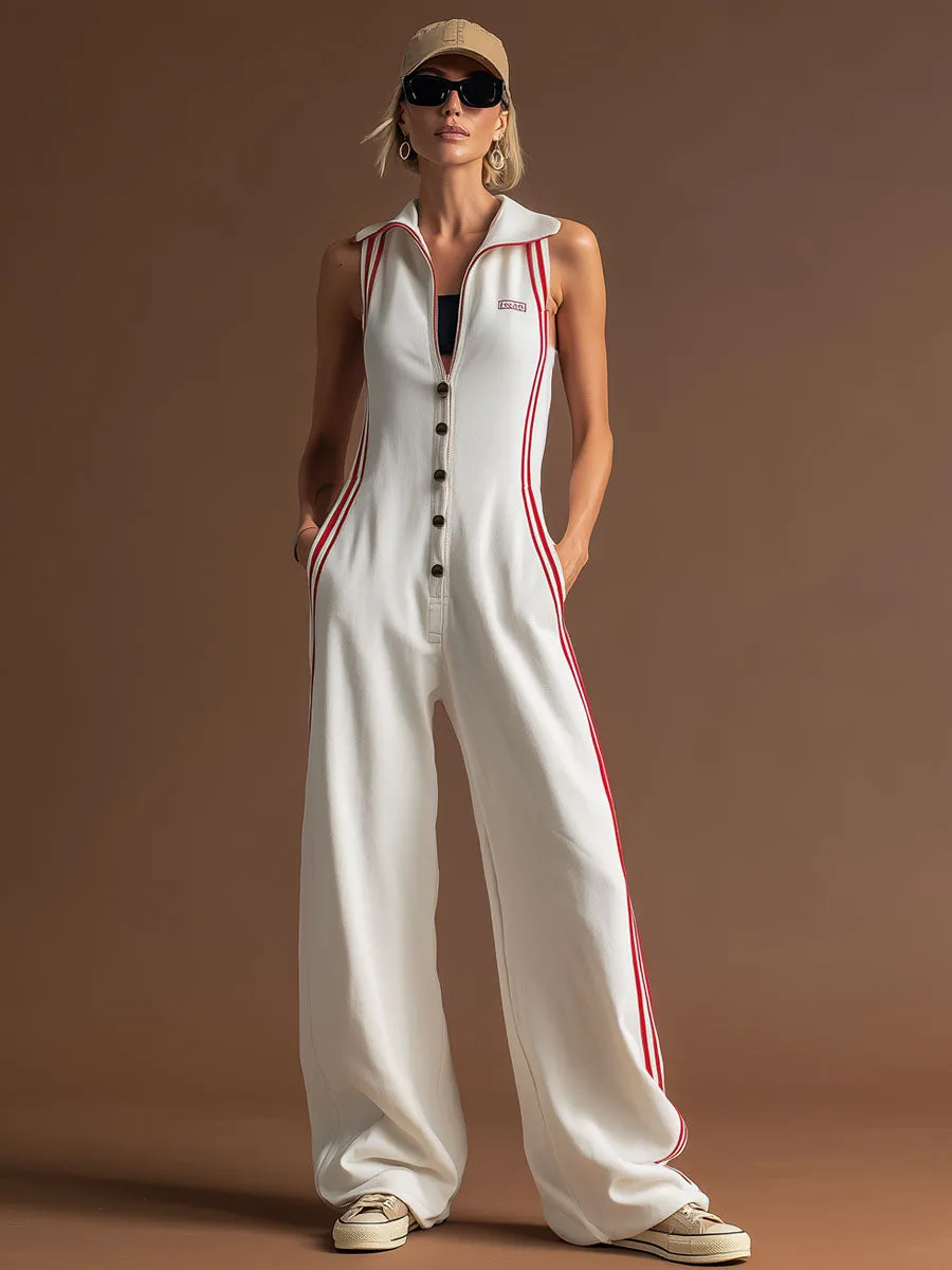 Sporty Retro Red Ribbon White Cotton Sleeveless Jumpsuit sold by Oyrosy product image thumbnail 2