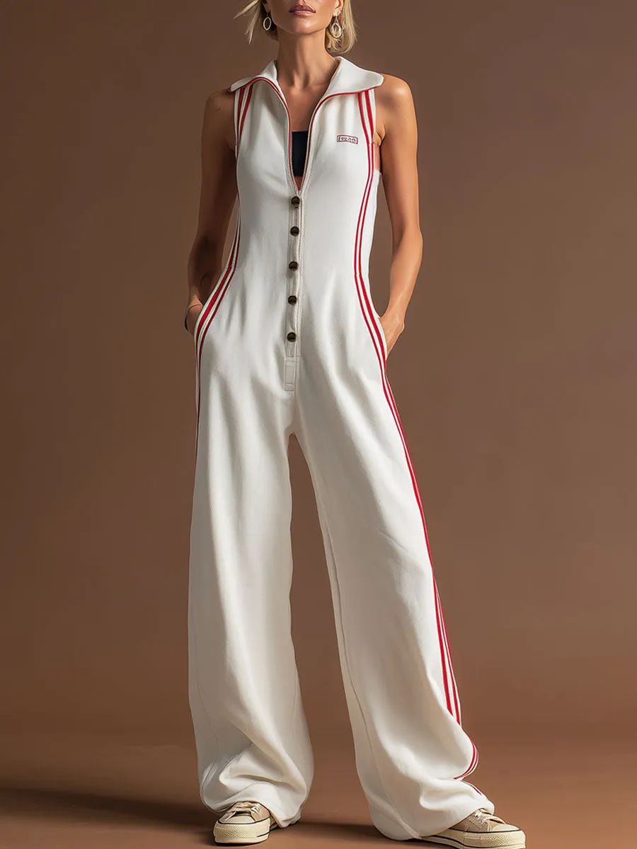 Sporty Retro Red Ribbon White Cotton Sleeveless Jumpsuit sold by Oyrosy