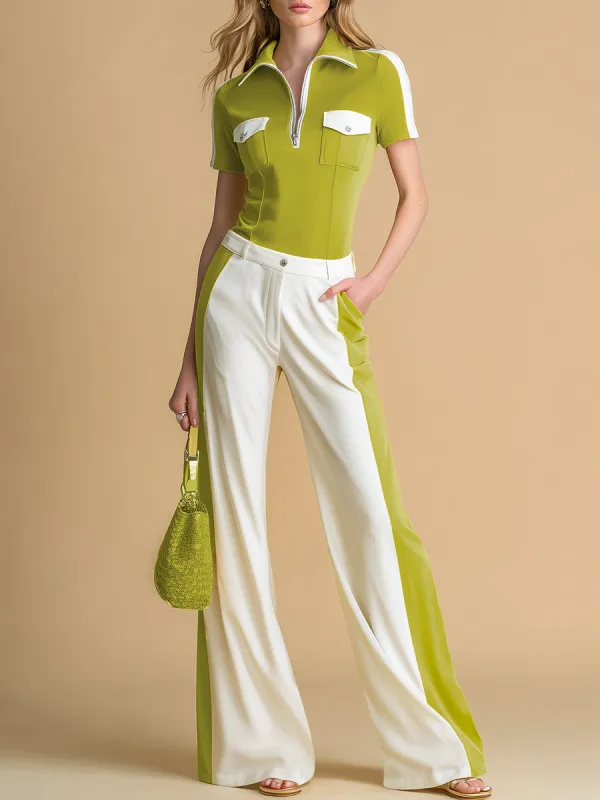 Sporty Stylish Color-blocked Short-sleeved Polo Shirt And Flared Pants Set sold by Oyrosy