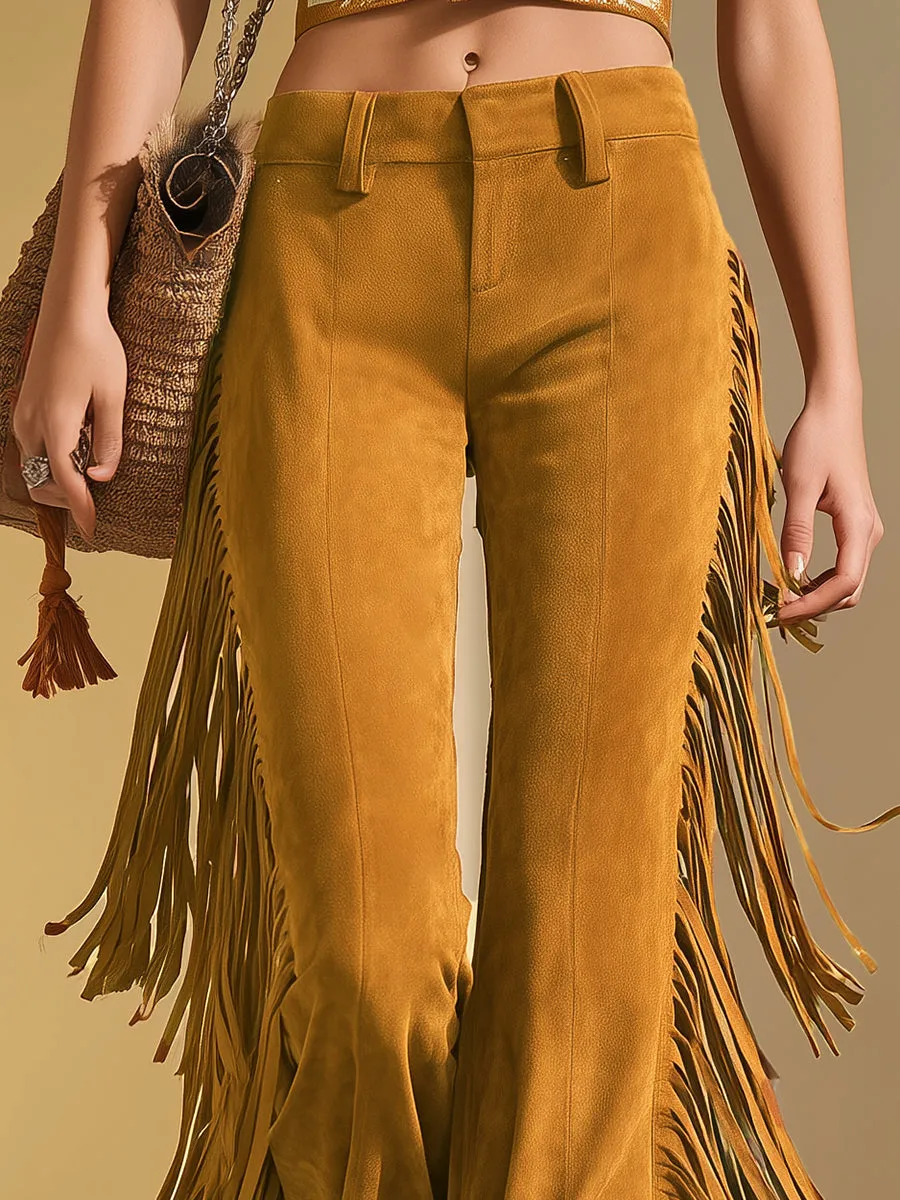 Retro-style Fringed Faux Suede Flared Pants sold by Oyrosy product image thumbnail 3