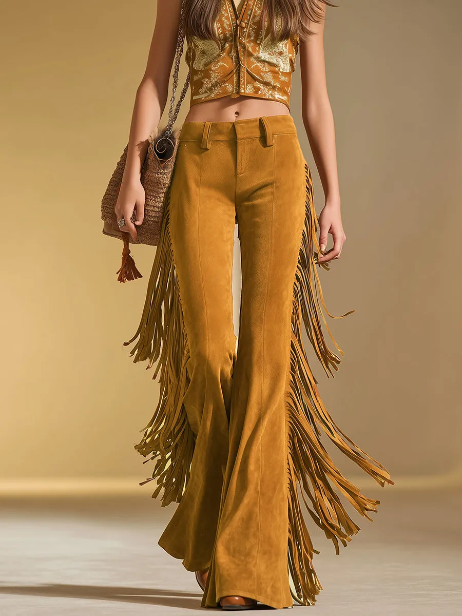 Retro-style Fringed Faux Suede Flared Pants sold by Oyrosy product image thumbnail 2