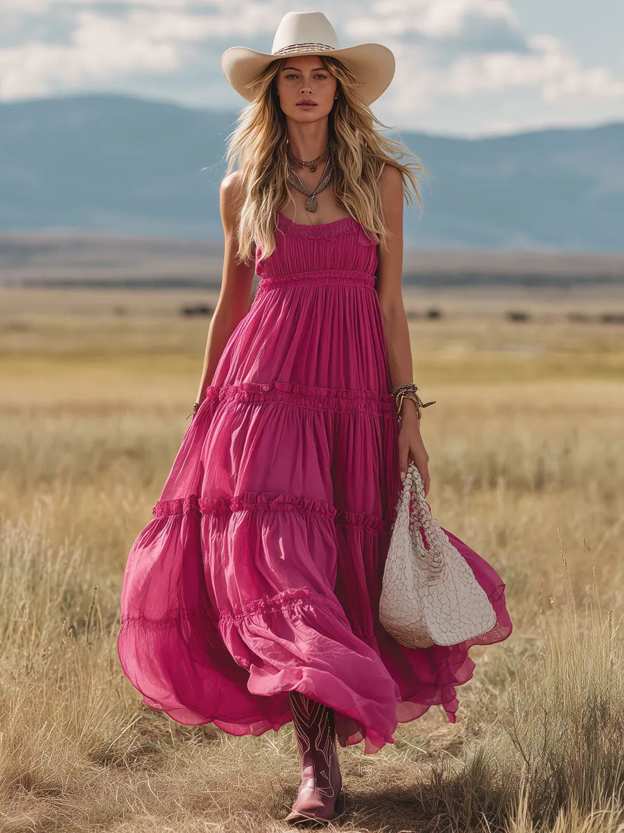 Western Retro Rose Red Chiffon Ruffled Sleeveless Maxi Dress sold by Oyrosy product image thumbnail 2