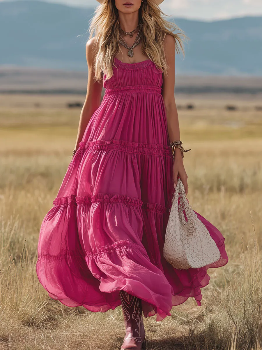 Western Retro Rose Red Chiffon Ruffled Sleeveless Maxi Dress sold by Oyrosy