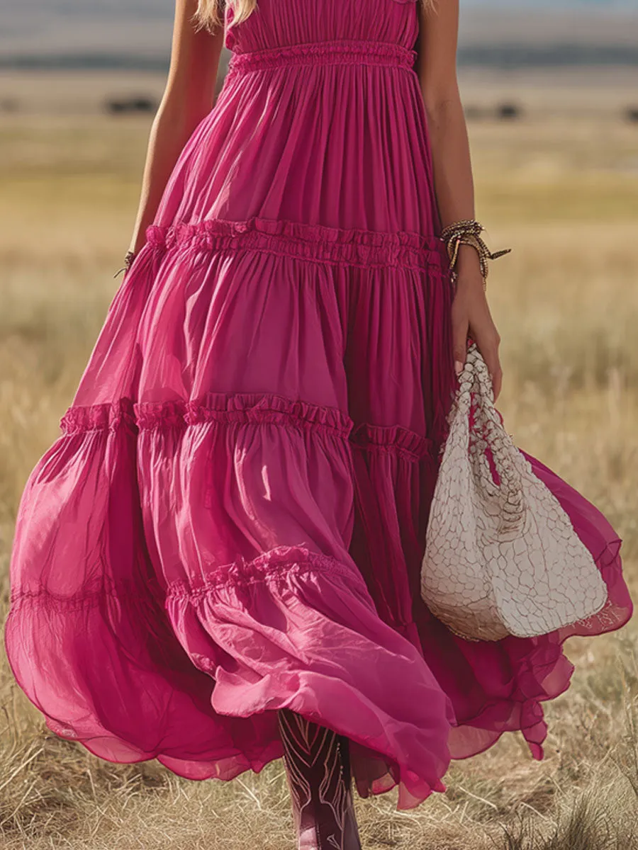 Western Retro Rose Red Chiffon Ruffled Sleeveless Maxi Dress sold by Oyrosy product image thumbnail 4