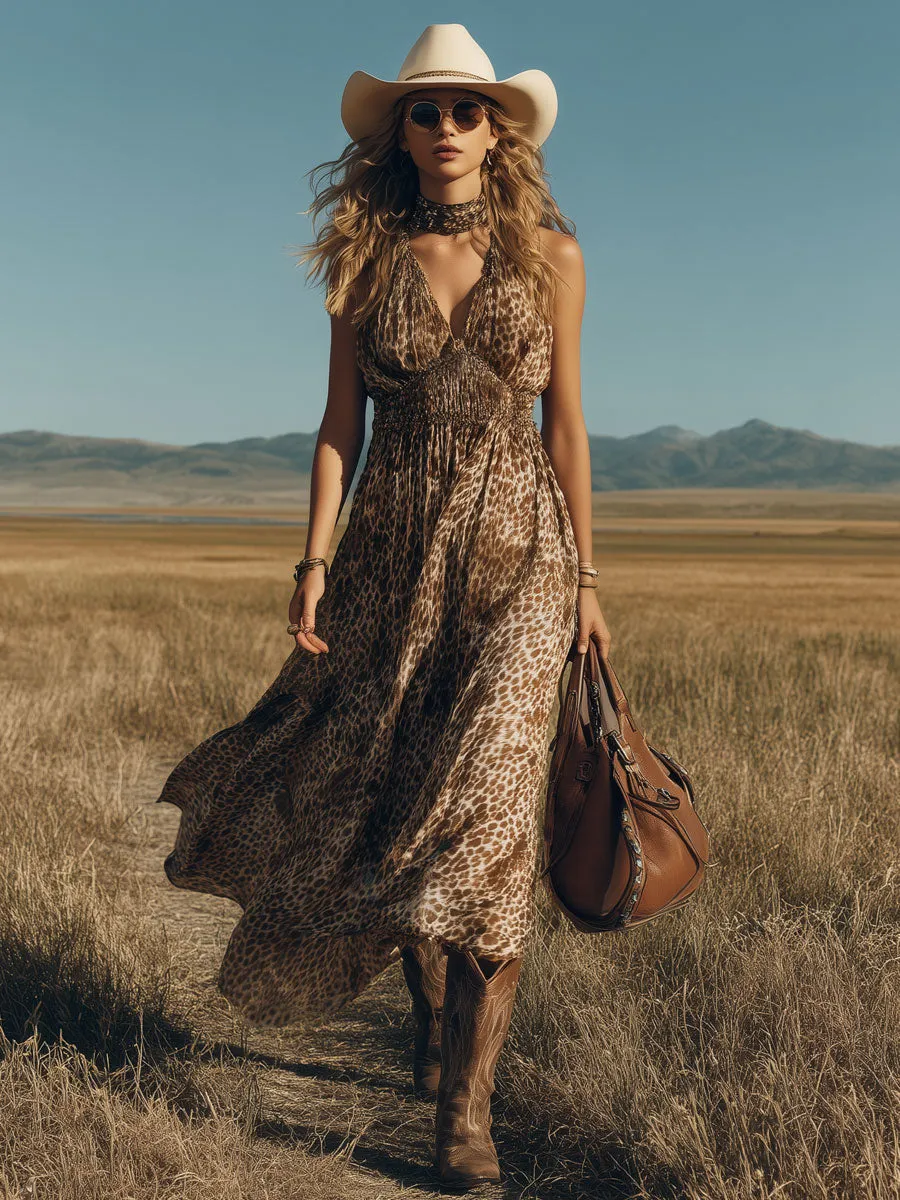 Western Retro Brown Leopard Print Chiffon Sleeveless Maxi Dress sold by Oyrosy product image thumbnail 2