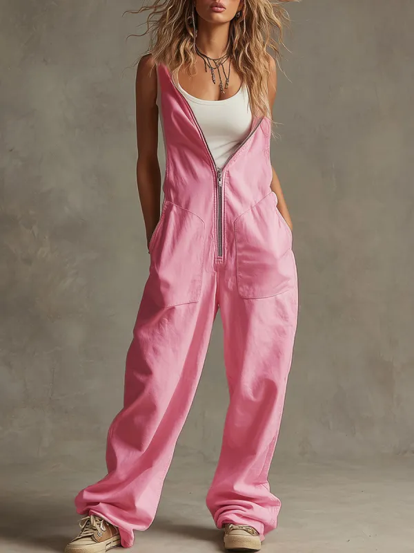 Sporty Retro Pink Cotton Blend Zipper Wide-leg Overalls sold by Oyrosy