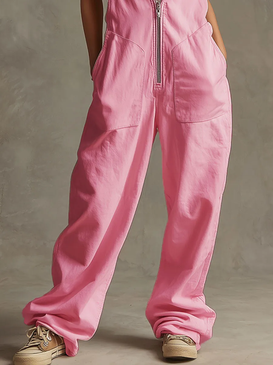 Sporty Retro Pink Cotton Blend Zipper Wide-leg Overalls sold by Oyrosy product image thumbnail 4