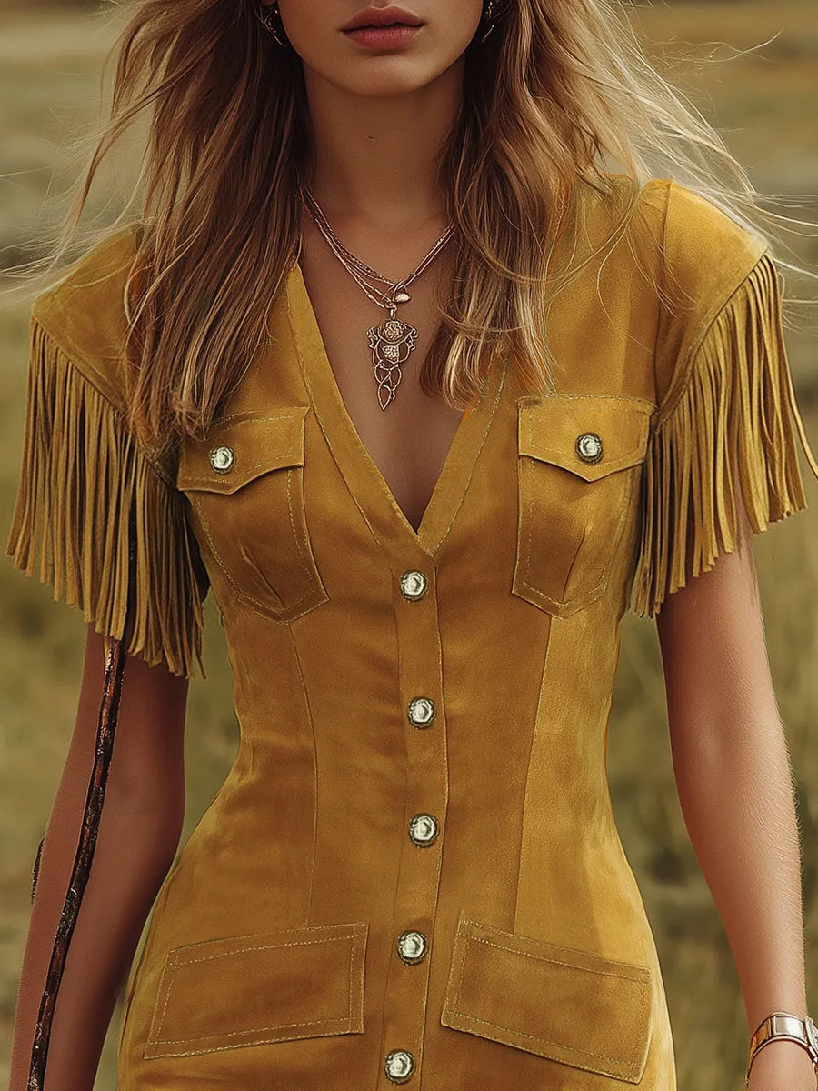 Western-style Vintage V-neck Fringed Faux Suede Mini Dress sold by Oyrosy product image thumbnail 3