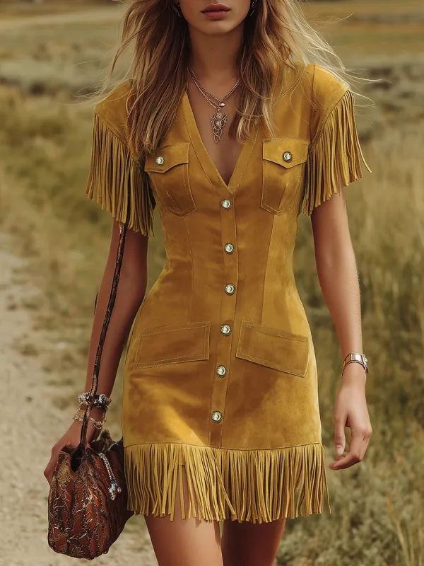 Western-style Vintage V-neck Fringed Faux Suede Mini Dress sold by Oyrosy