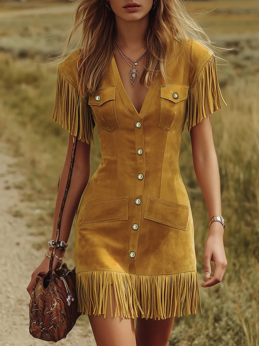 Western-style Vintage V-neck Fringed Faux Suede Mini Dress sold by Oyrosy