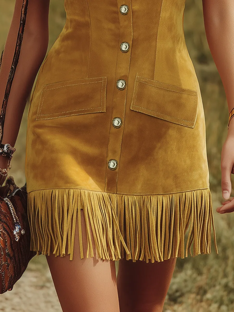Western-style Vintage V-neck Fringed Faux Suede Mini Dress sold by Oyrosy product image thumbnail 4