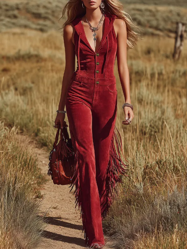 Western-style Retro Fashion Hooded Sleeveless Faux Suede Jumpsuit made by Oyrosy