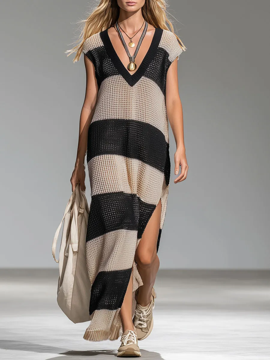 Lightweight V-neck Color-block Striped Split-hem Sleeveless Knit Maxi Dress sold by Oyrosy
