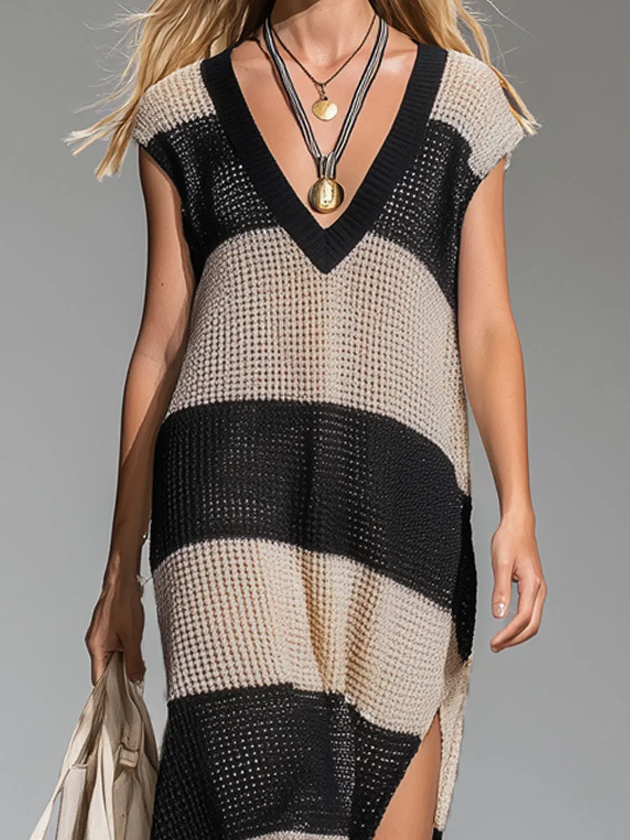 Lightweight V-neck Color-block Striped Split-hem Sleeveless Knit Maxi Dress sold by Oyrosy product image thumbnail 2