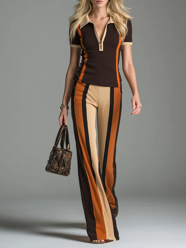 Fashionable Retro Casual Short-sleeved Shirt And Multi-colored Striped Knit Trousers Set made by Oyrosy