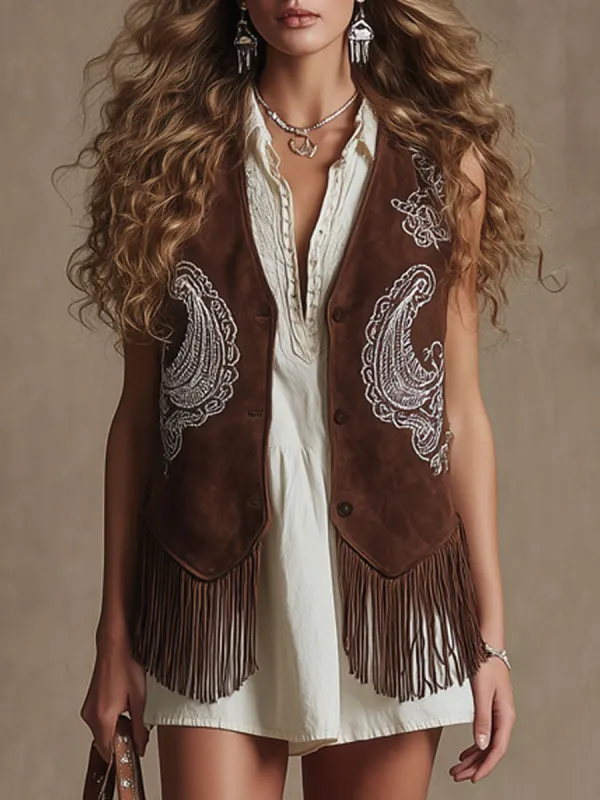 Western Retro Paisley Embroidered Dark Brown Faux Suede Tassel Vest sold by Oyrosy