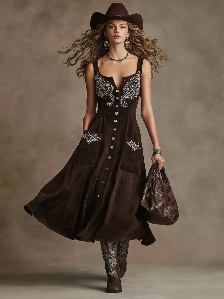 Western Retro Paisley Embroidered Cocoa Brown Faux Suede Vest Midi Dress sold by Oyrosy product image thumbnail 2