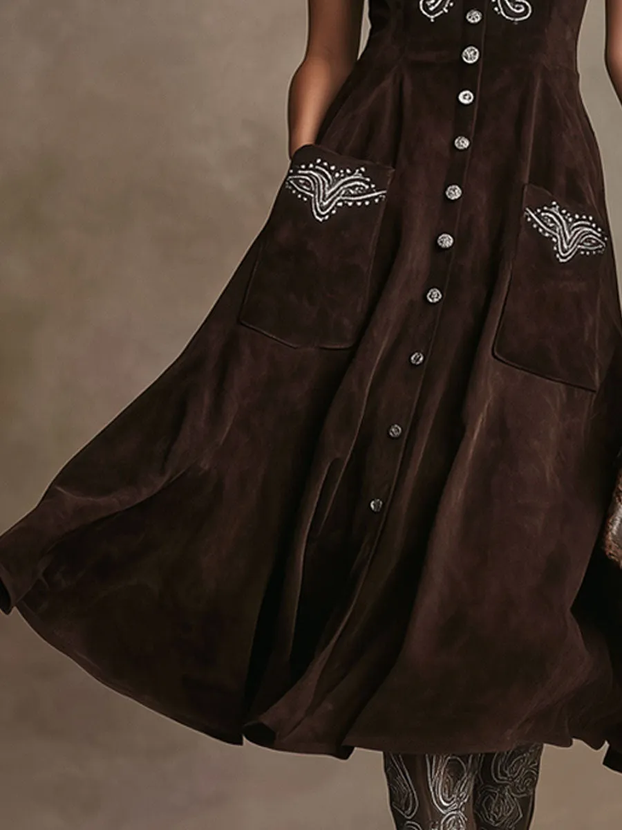 Western Retro Paisley Embroidered Cocoa Brown Faux Suede Vest Midi Dress sold by Oyrosy product image thumbnail 4