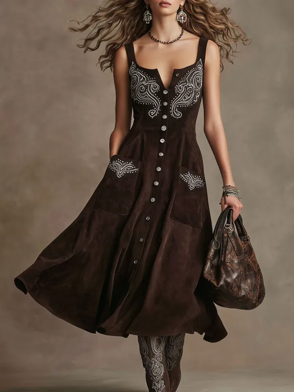 Western Retro Paisley Embroidered Cocoa Brown Faux Suede Vest Midi Dress sold by Oyrosy