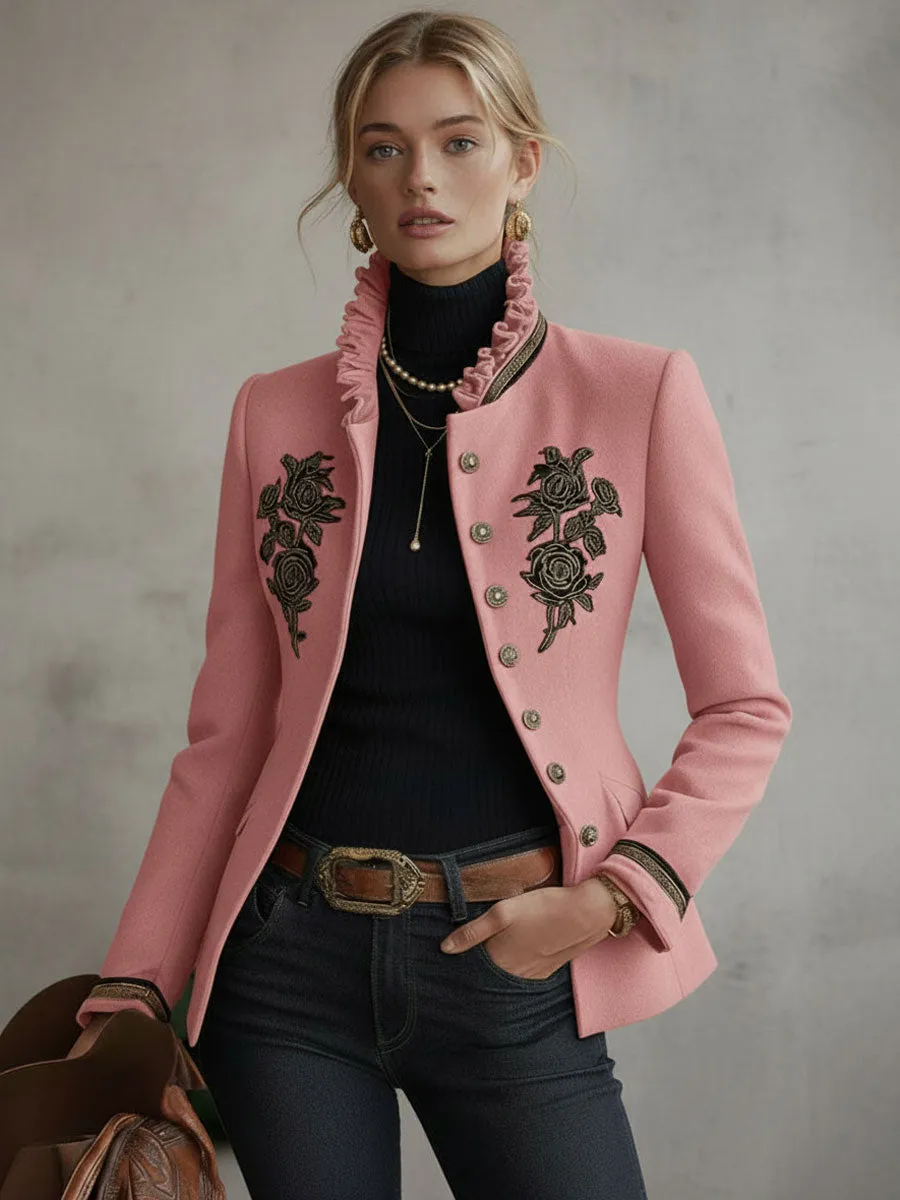 Ruffled Stand-up Collar Single-breasted Rose Embroidered Jacket sold by Oyrosy product image thumbnail 3