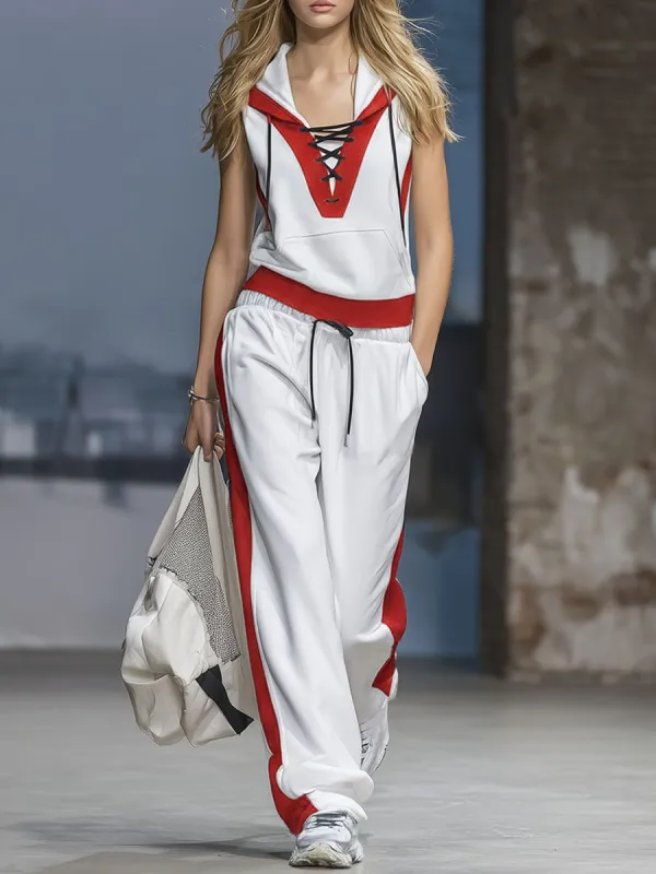 Casual Sporty Drawstring Hooded Sleeveless Top And Pants Set made by Oyrosy
