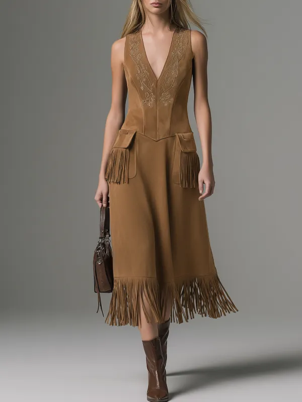 Retro Elegant V-neck Embroidered Tassel Sleeveless Midi Dress sold by Oyrosy