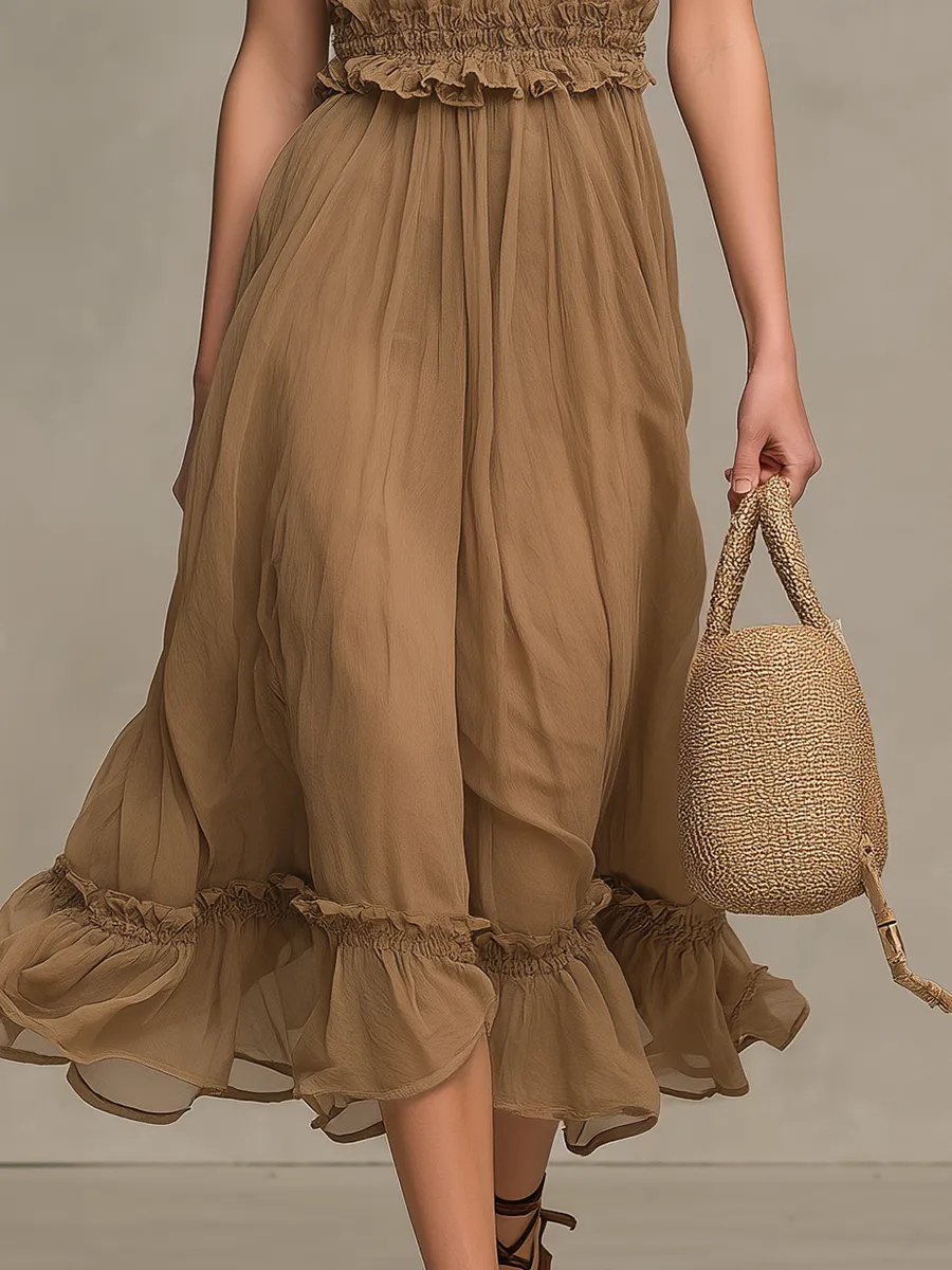 Elegant And Casual Halter-neck Sleeveless Midi Dress With Ruffle Details sold by Oyrosy product image thumbnail 4