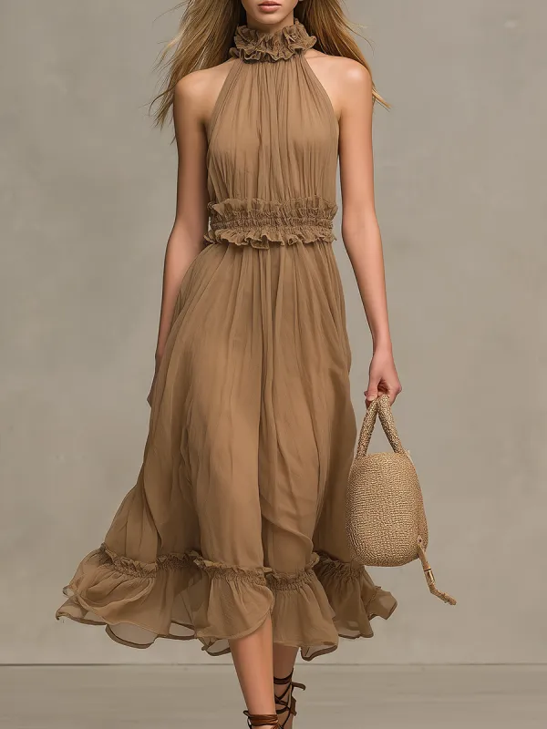 Elegant And Casual Halter-neck Sleeveless Midi Dress With Ruffle Details sold by Oyrosy