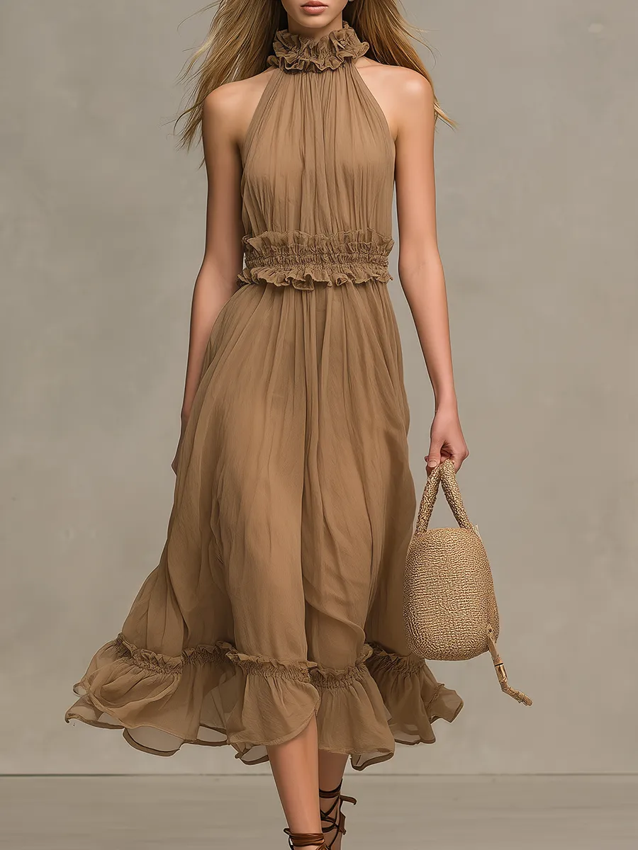 Elegant And Casual Halter-neck Sleeveless Midi Dress With Ruffle Details sold by Oyrosy