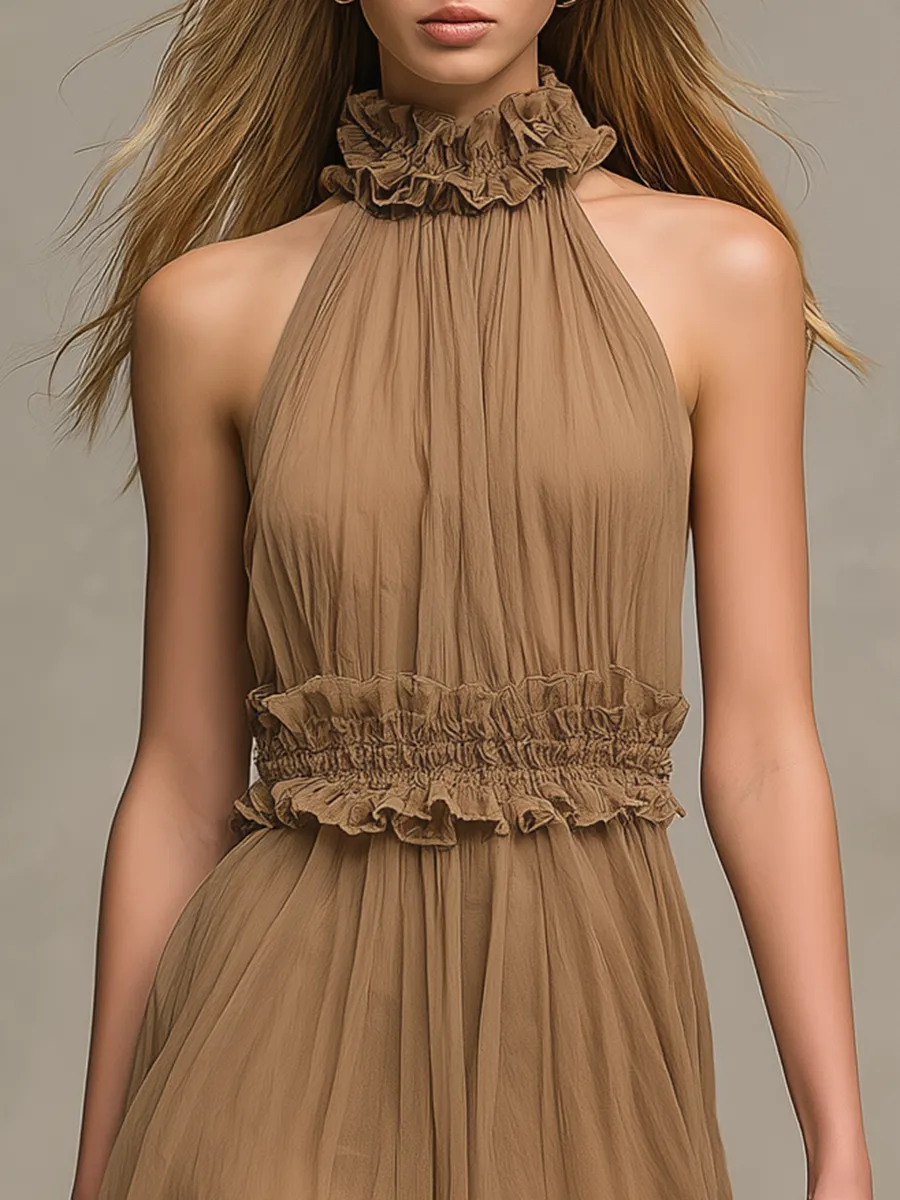 Elegant And Casual Halter-neck Sleeveless Midi Dress With Ruffle Details sold by Oyrosy product image thumbnail 3