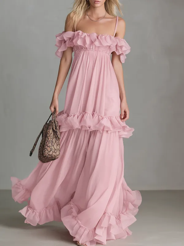 Romantic And Stylish Off-the-shoulder Chiffon Ruffle Detail Maxi Dress sold by Oyrosy