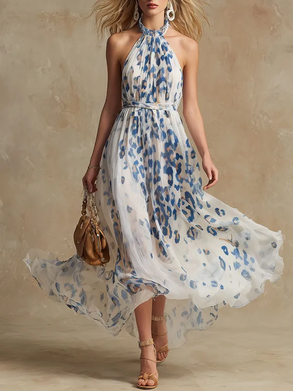 Elegant Retro Blue Leopard Print White Chiffon Maxi Dress sold by Oyrosy