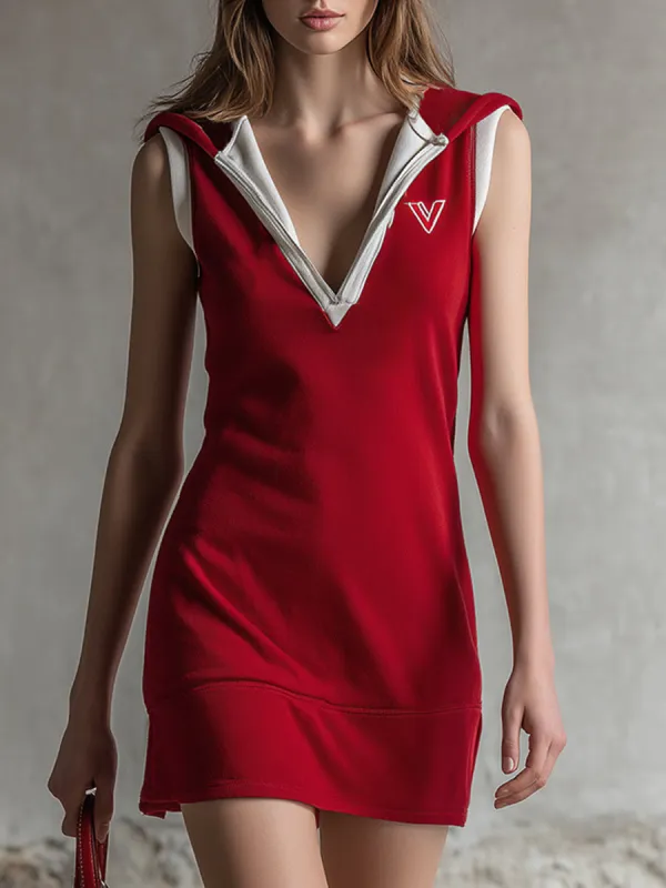 Retro Sporty Red Cotton Hooded Sleeveless Mini Dress sold by Oyrosy
