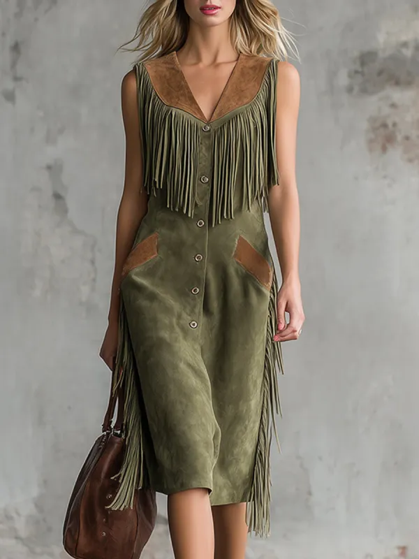 Retro Western Style Fringed Olive Green Faux Suede Sleeveless Midi Dress sold by Oyrosy
