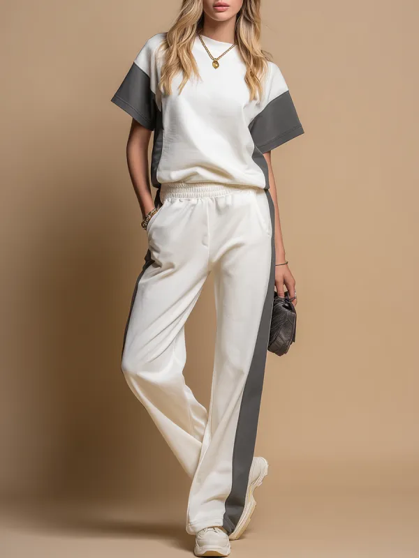 Stylish Round-neck Short-sleeved T-shirt And Wide-leg Pants Set sold by Oyrosy