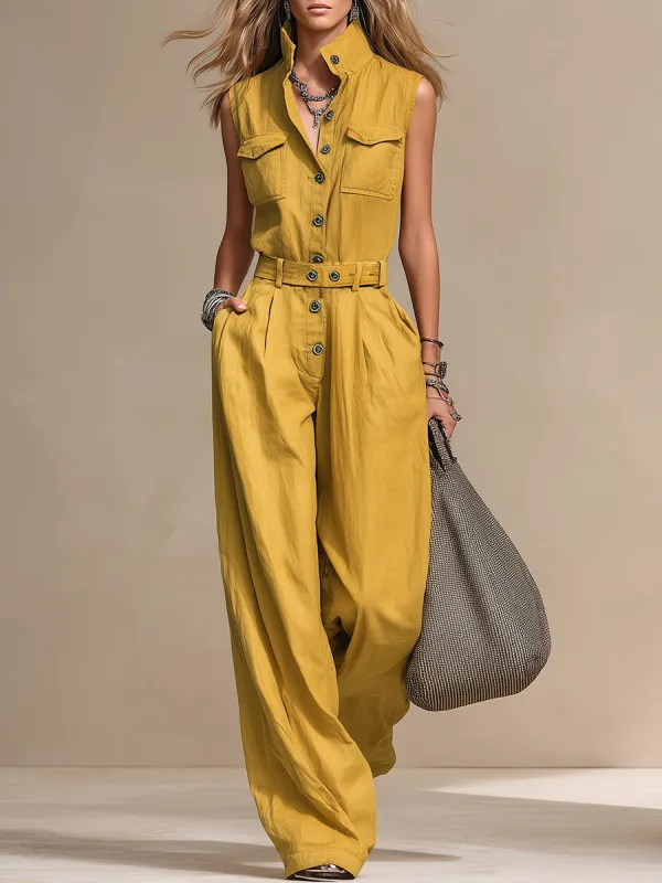 Retro Stand-collar Button-front Sleeveless Cotton And Linen Jumpsuit sold by Oyrosy